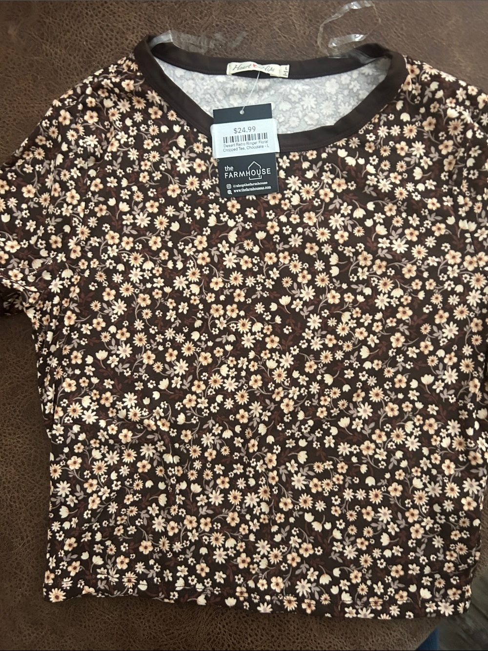 Brown Floral Cropped Short Sleeve Top - Heart in Bloom